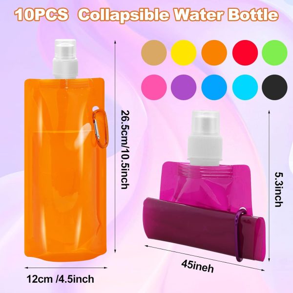 10 Pcs Collapsible Foldable Water Bottle 480ml, Leak Proof with Carabiner, BPA Free, Reusable Drinking Bags for Travel, Gym, Camping, Hiking - Image 2