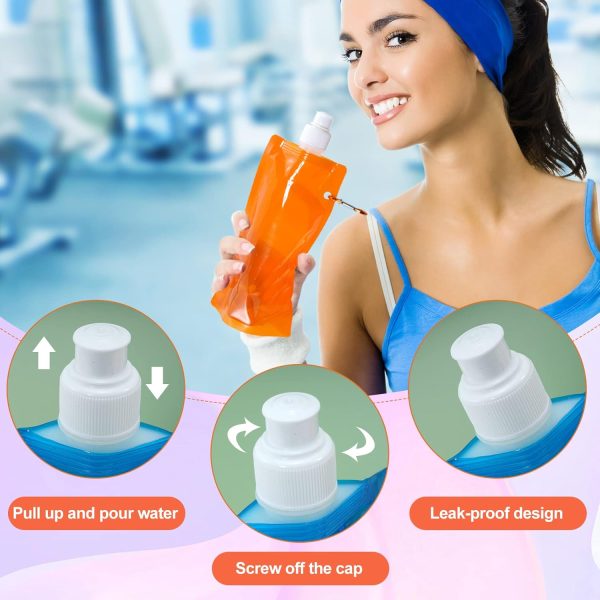 10 Pcs Collapsible Foldable Water Bottle 480ml, Leak Proof with Carabiner, BPA Free, Reusable Drinking Bags for Travel, Gym, Camping, Hiking - Image 3
