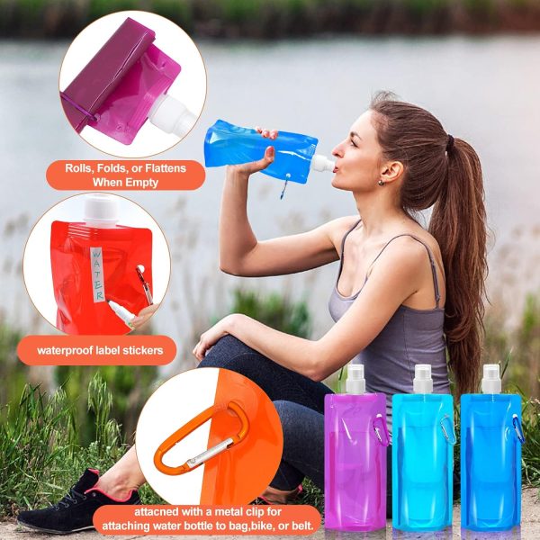10 Pcs Collapsible Foldable Water Bottle 480ml, Leak Proof with Carabiner, BPA Free, Reusable Drinking Bags for Travel, Gym, Camping, Hiking - Image 4