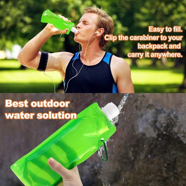 10 Pcs Collapsible Foldable Water Bottle 480ml, Leak Proof with Carabiner, BPA Free, Reusable Drinking Bags for Travel, Gym, Camping, Hiking - Image 5